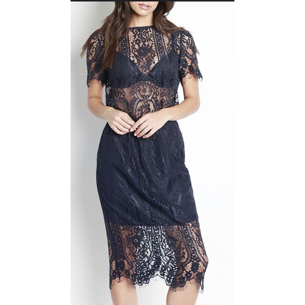 NWT Stylestalker REVOLVE Navy Blue Lace MIDI Sheer Dress Size XS $190